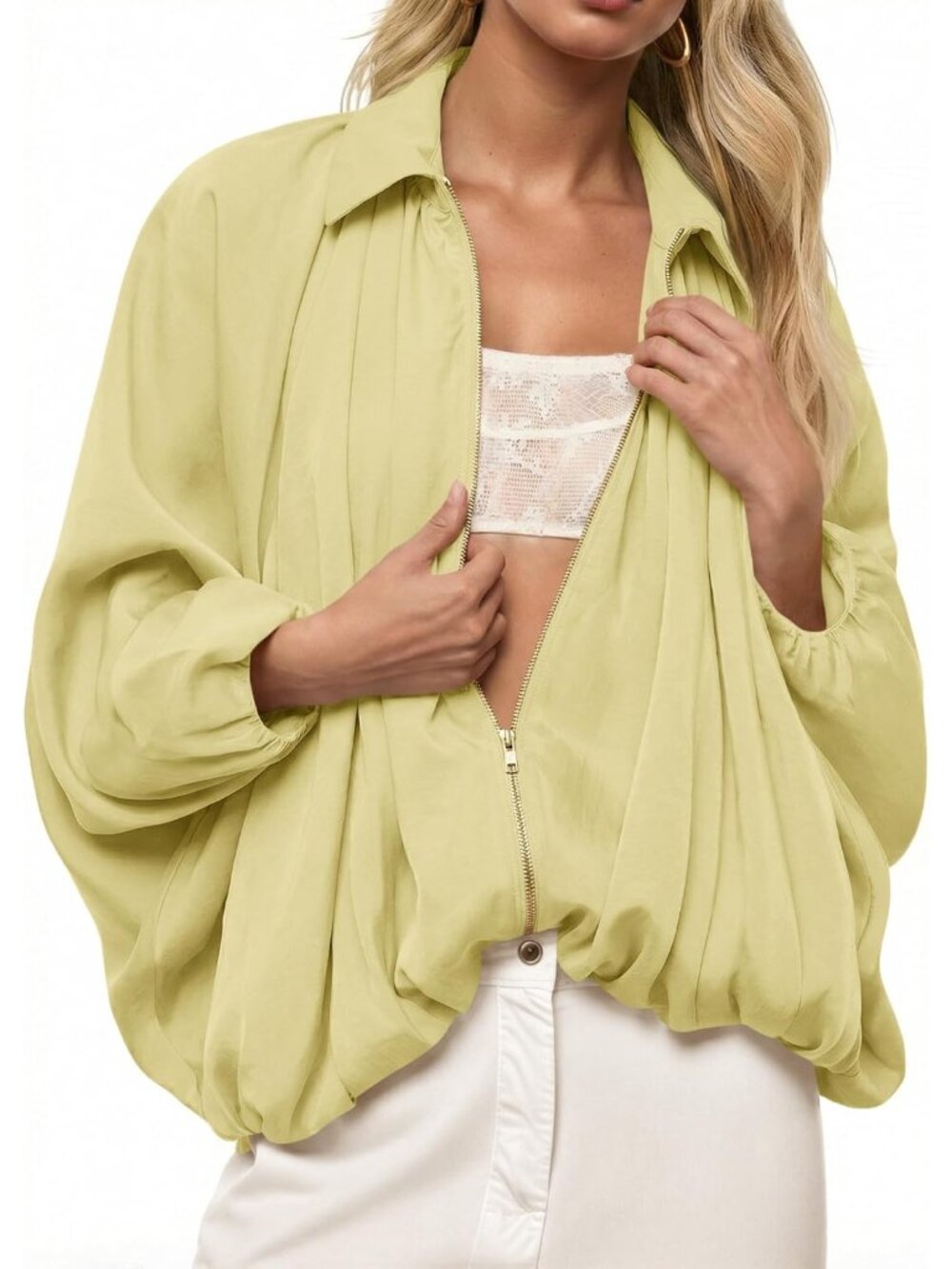 Womens Yellow Loose Oversized Lapel Collar Long Sleeve Zip Up Bomber Jacket
